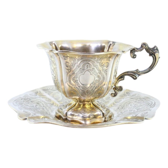 Silver Cup and Saucer with Engraved Floral Motifs and Edge Cutouts, Set of 2 For Sale