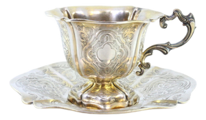 Silver Cup and Saucer with Engraved Floral Motifs and Edge Cutouts, Set of 2