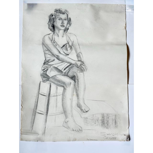A wonderful drawing of a female figure. Done for a college art class in 1944 by Pat Swanson. Pencil on paper. Unframed.