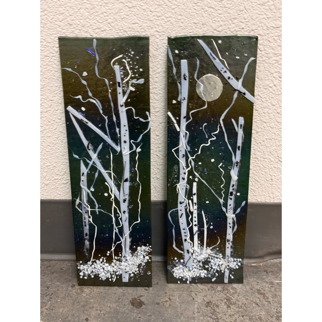 Black Abstract Winter Landscape Glass Wall Art Panels, Set of Two For Sale - Image 8 of 12