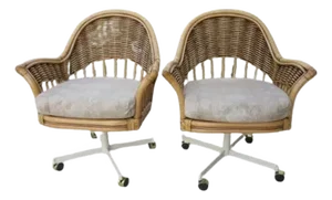 1970s Alexander & Sheridan Rattan Bamboo Dining Armchair Swivel Caster With Cushion- Set of 2