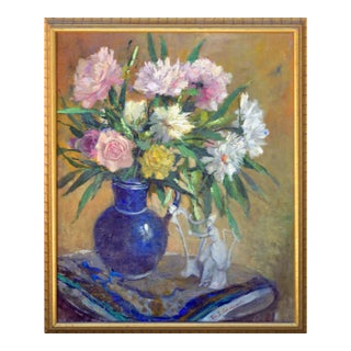Mid Century Roses With Blue Vase Still Life by Virgi Cokelberghs For Sale