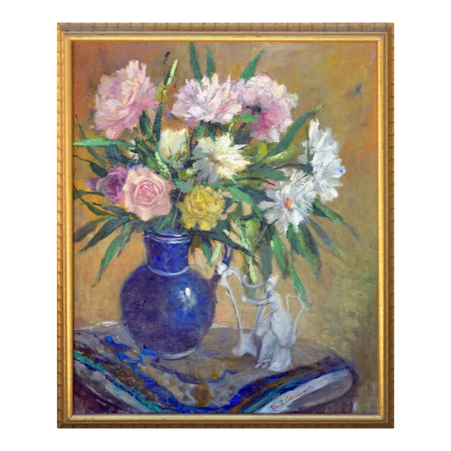 Mid Century Roses With Blue Vase Still Life by Virgi Cokelberghs For Sale