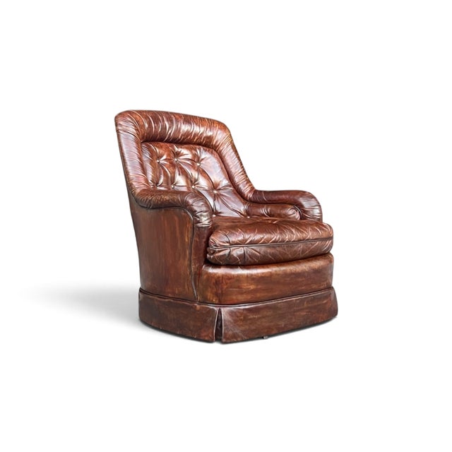 Vintage 1970s Drexel Heritage Brown Leather Button-Tufted Swivel-Tilt Lounge Chair For Sale - Image 13 of 16