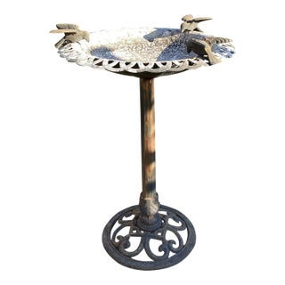 Vintage Bird Bath Aluminum With Iron Filigree Base and Perching Bird Sculpture For Sale