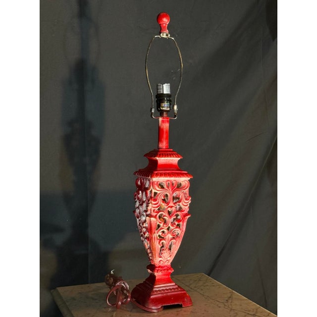 2000 - 2009 Decorative Red Carved Openwork Table Lamp Base, 28" For Sale - Image 5 of 5