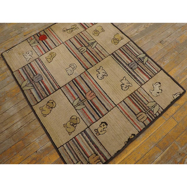 American 1920s Tan Beige Animalia Folk Art Antique American Hooked Rug 3' 0" X 4' 0" Handknotted Wool Carpet For Sale - Image 3 of 11