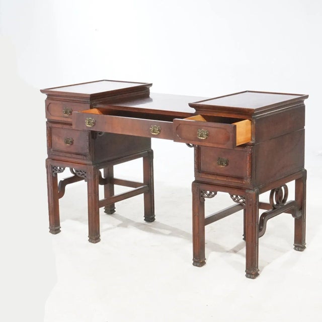 Wood Set of 3 Antique Chinese Chippendale Mahogany Dressing Table With Mirror & Bench Circa 1940 For Sale - Image 7 of 12