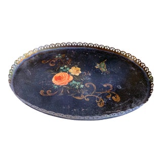 Antique Toleware Black Tray With Painted Rose For Sale
