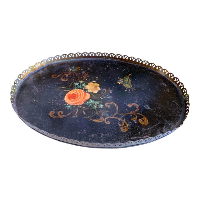Antique Toleware Black Tray With Painted Rose For Sale