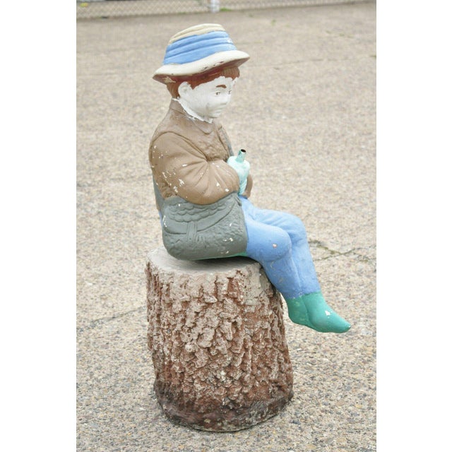 Vtg Concrete Boy Fishing Seated on Tree Stump Garden Statue Ornament