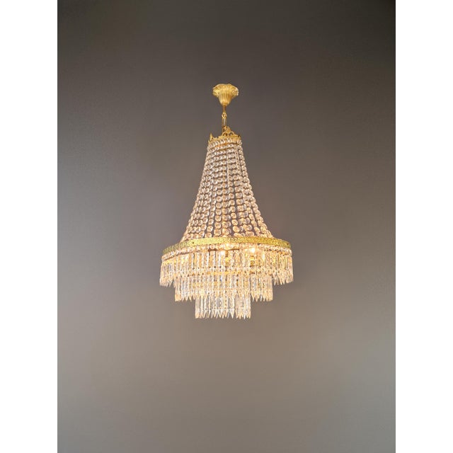 Antique Art Nouveau Low Oval Plafonnier Crystal Chandelier Brass Lustre Ceiling For Sale - Image 4 of 13