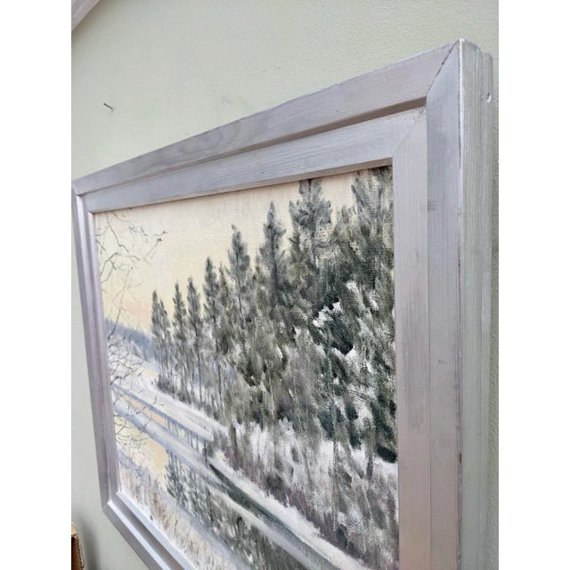 Modern 1998 "Crisp" Swedish Snow Forest Landscape Oil Painting, Framed For Sale - Image 3 of 9