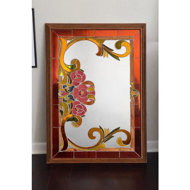 Art Deco Vintage Artglas Reverse Painted Mirror — Art Nouveau Floral Panel, Hollywood Regency Statement, 1970s For Sale - Image 3 of 12