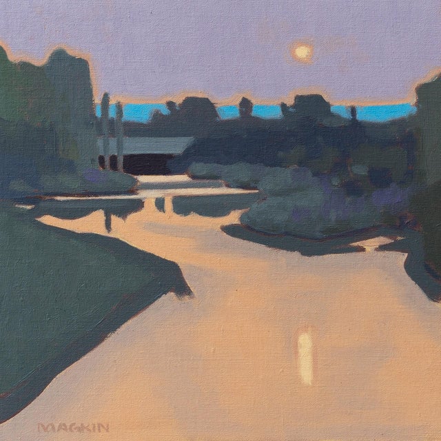 Moonrise Over The South Platte by Michael Magrin | Oil on linen mounted on panel Landscape with river and moonrise For Sale