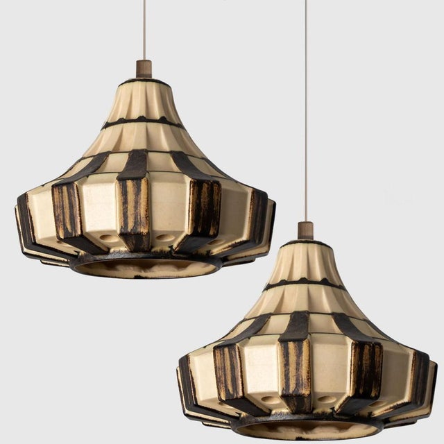 Ivory & Brown Ceramiy Trumpet Pendant Light, Denmark, 1970s For Sale - Image 15 of 18