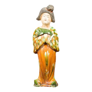 Chinese Court Lady Statue with Egg and Spinach Pattern Kimono and Holding a Dog For Sale