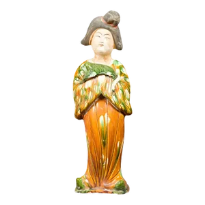Chinese Court Lady Statue with Egg and Spinach Pattern Kimono and Holding a Dog