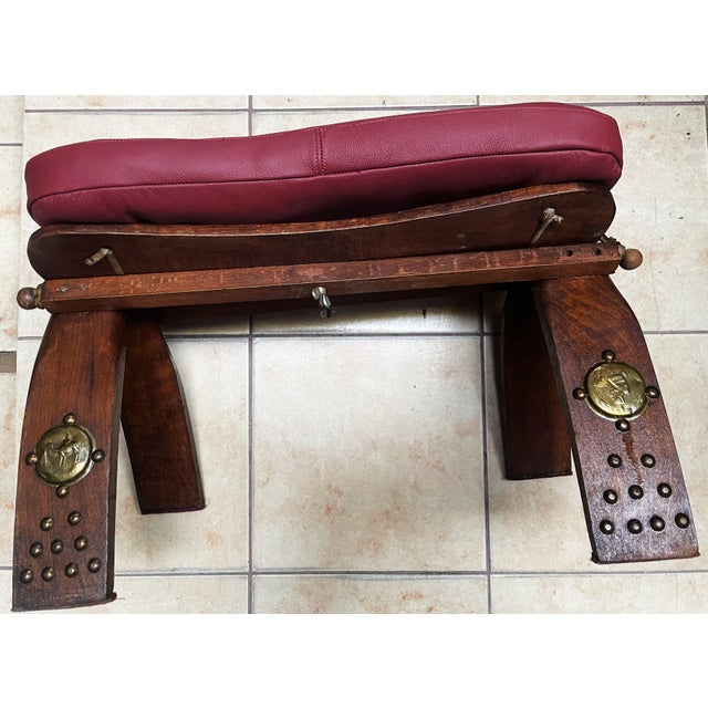 Antique Egyptian Ottoman with Brass Ornamentation and Leather, 1920s For Sale - Image 3 of 18