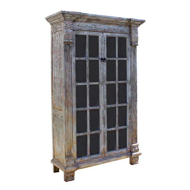 Distressed Pastel Black Gray Tall Glass Door Display Bookcase