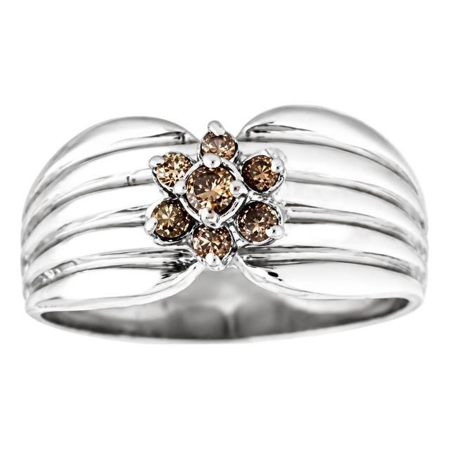18K White Gold Champagne Diamond Floral Pinky Band Ring Estate For Sale