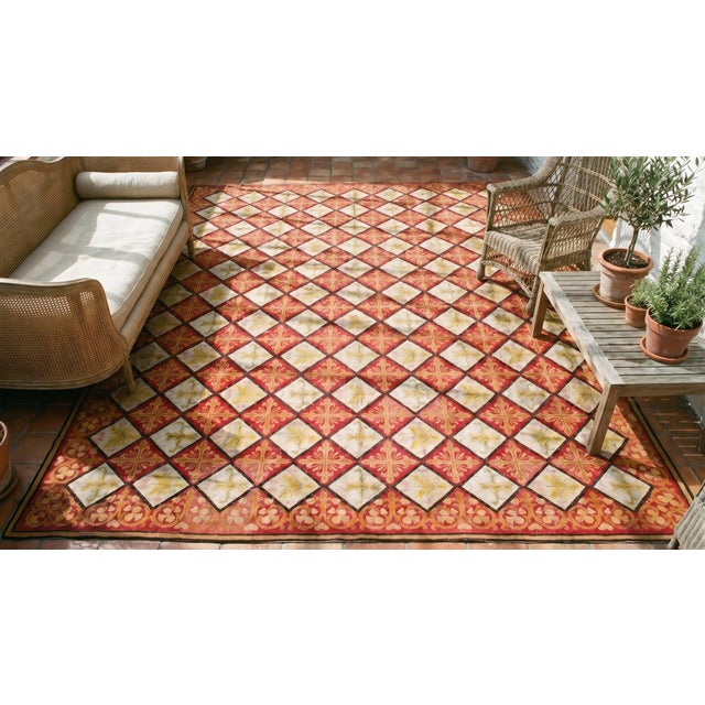 Red 1870s Red White Diamond Antique French Needlepoint Rug 13'8" X 16'10" Flatweave Wool Carpet For Sale - Image 8 of 9