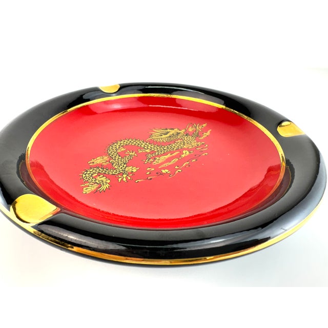 Contemporary Vintage Italian Black and Red Ceramic Ashtray With Gilt Dragon Motif For Sale - Image 3 of 10
