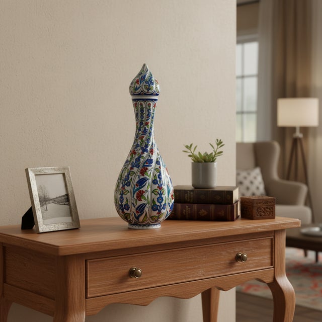 Turkish Handmade Ceramic Fluted Nightingale Vase with Lid (30cm) Polychrome Floral Pattern For Sale - Image 3 of 8