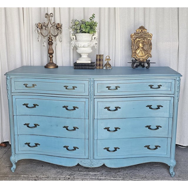 Gorgeous Vintage Double Dresser, French Provencial Circa 1950's piece, featuring eight spacious drawers, Painted on a...