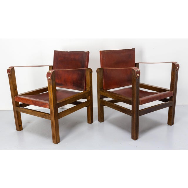 Set of French Safari Style Chairs in Leather and Beech, 1940 For Sale - Image 4 of 14