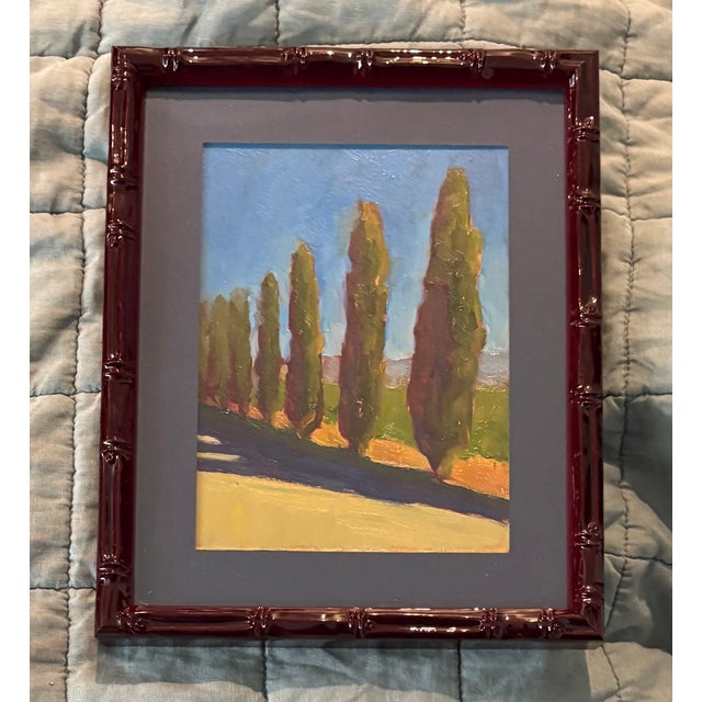 Striking line of cypress trees on a hot sunny Mediterranean afternoon in terrific colors, oil on board under acrylic,...