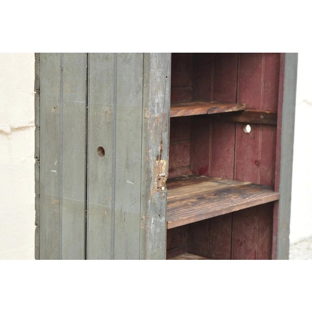 Wood Antique American Primitive Blue Green Distress Painted Bookcase Cupboard Cabinet For Sale - Image 7 of 12