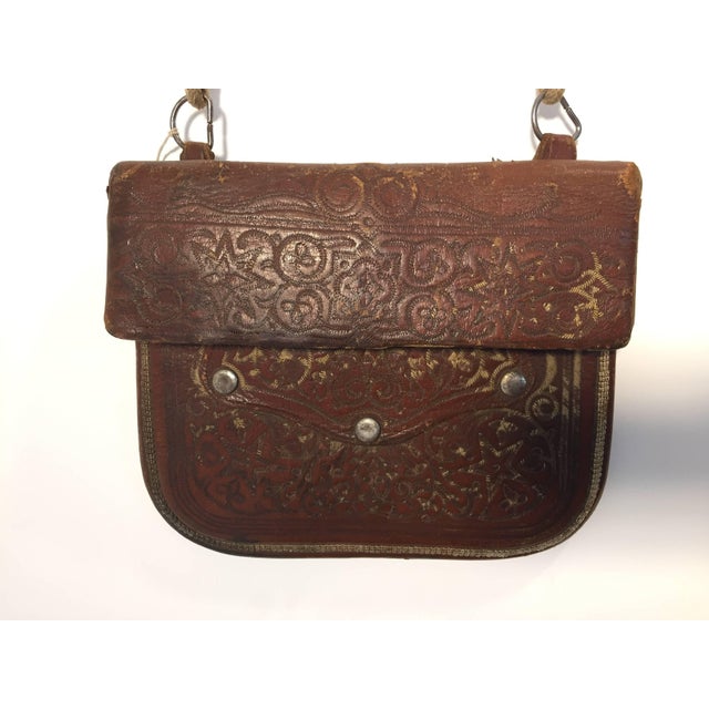 Antique Moroccan Hand Tooled Leather Berber Tribal Shoulder Bag For Sale - Image 4 of 9