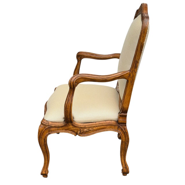 Antique Italian Walnut Fauteuil Arm Chair. Freshly upholstered in Decor De Paris fabric.