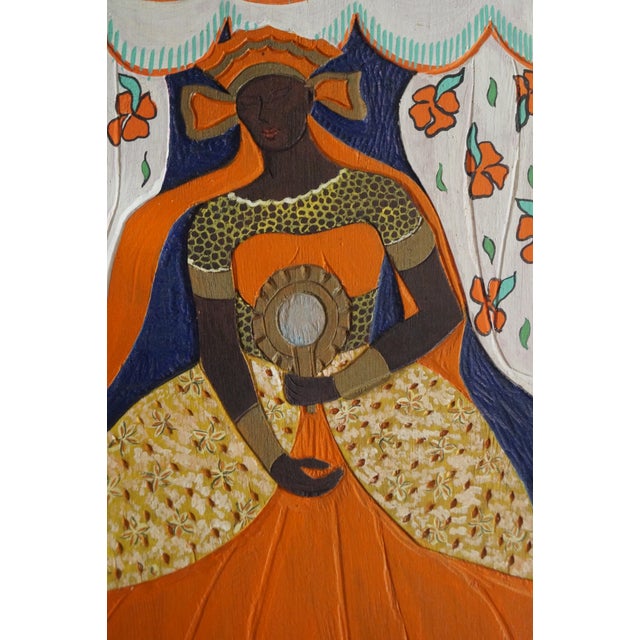 Orange 1960s Haitian Voodoo Queen Carved Wood Relief Painting For Sale - Image 8 of 9