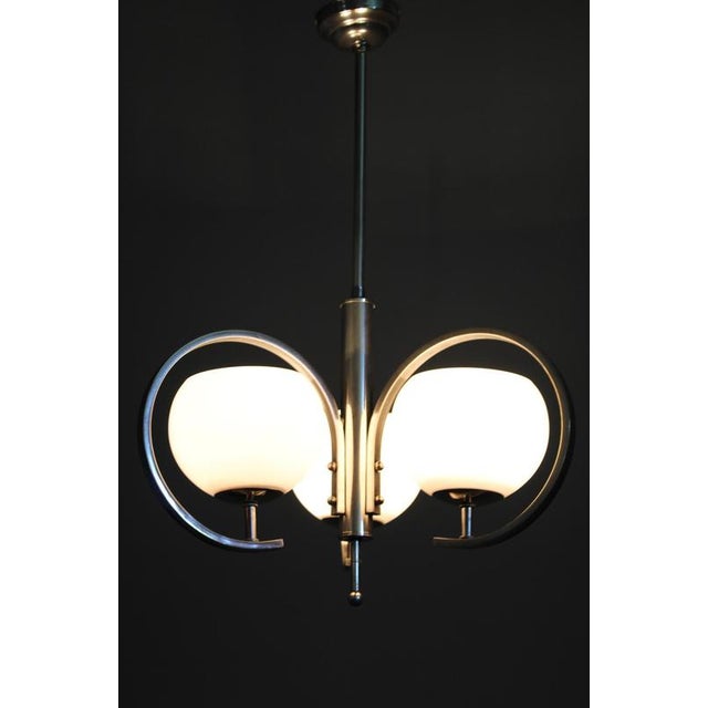 Art Deco Nickel Chandelier with Light-Pink Opaline Shades, Former Czechoslovakia, 1930s For Sale - Image 11 of 12