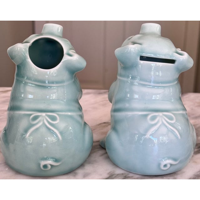 Farmhouse Mid-Century Celadon Ceramic Glazed Pig Figures - A Pair For Sale - Image 3 of 12