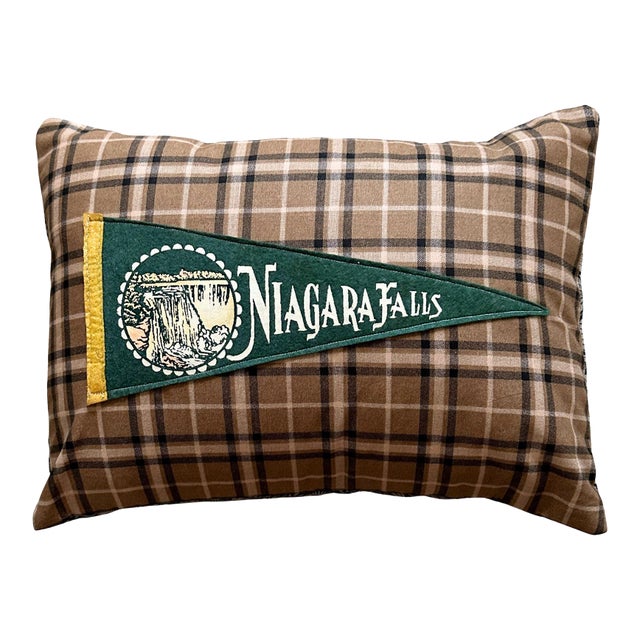 New York Niagra Falls Vintage Pennant on New Woven Throw Pillow For Sale