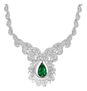 11 Ct Pear Shape Zambian Natural Emerald & 17 Ct Diamond Necklace 18 Karat Gold