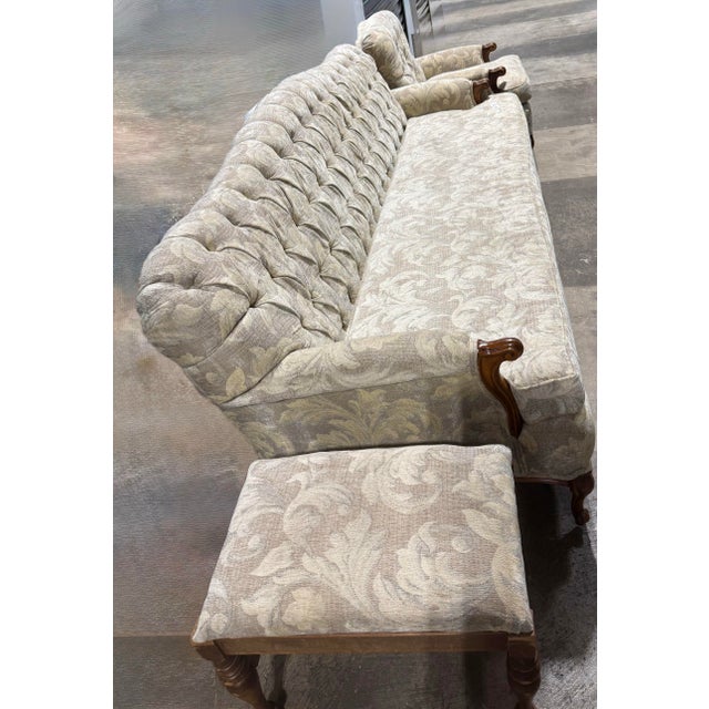 Wood French Provincial Style Tufted Sofa, Chair and Footstool For Sale - Image 7 of 8