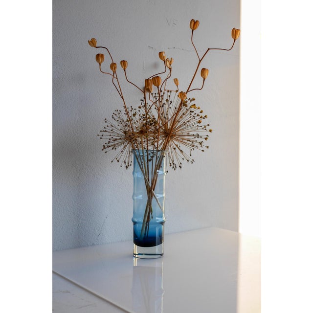 A large handblown sommerso vintage art glass vase known as "Bamboo" made by Bo Borgström for Åseda, Sweden. This is a very...