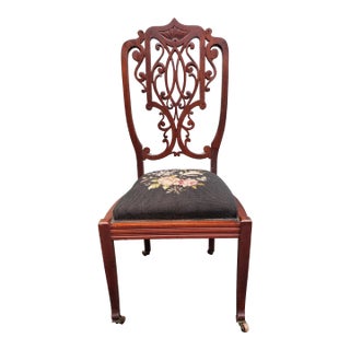 Late 19th C. Victorian Mahogany and Needlepoint Upholstered Side Chair on Wheels For Sale