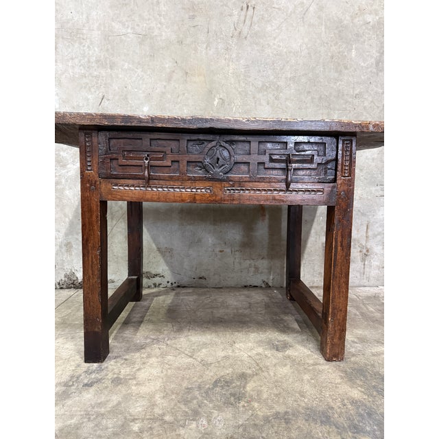 Rustic 18th C. Spanish Beautifully Rustic Carved-Wood Trestle-Leg Table With Drawer For Sale - Image 3 of 18