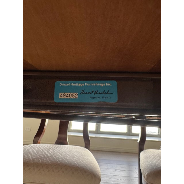Late 20th Century Drexel Heritage Solid Wood Extendable Dining Table With 6 Reupholstered Chairs For Sale - Image 15 of 15