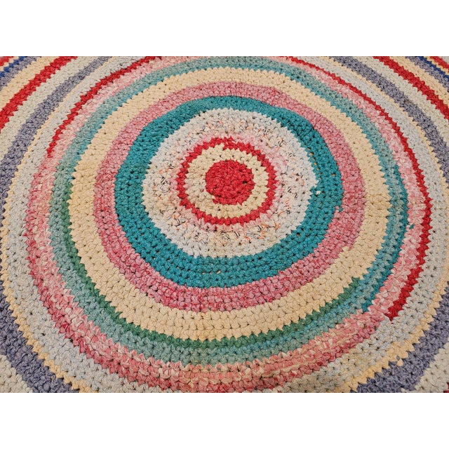 1900 - 1909 Antique American Braided Round Rug, Handwoven Folk Art, Red & Blue, 4x4 For Sale - Image 5 of 8