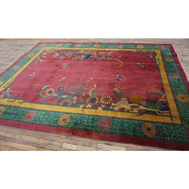 Textile 1920s Fuschia Floral Modern Antique Chinese Art Deco Rug 8'9" X 11'6" Handknotted Wool Carpet For Sale - Image 7 of 13