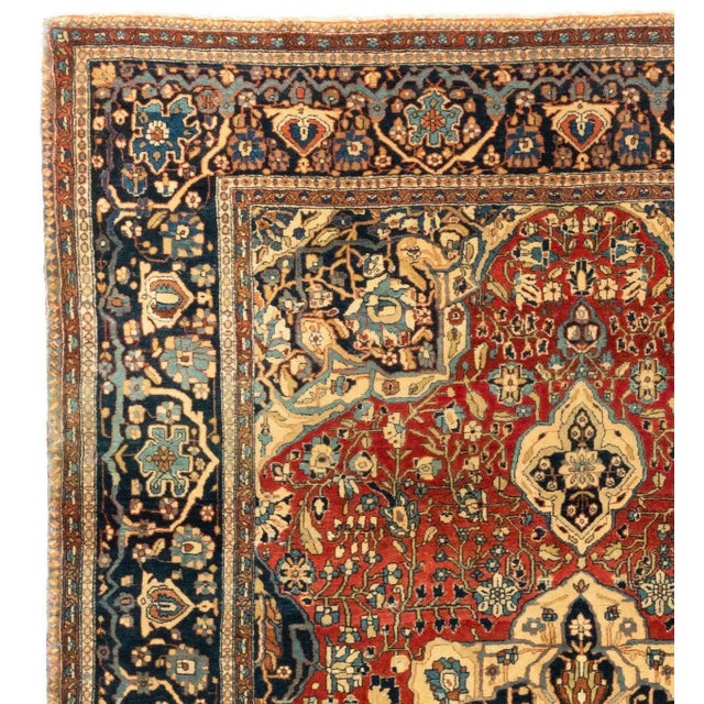 Traditional Antique Persian Red Light Blue Navy Blue Floral Mohtasham Kashan Rug circa 1880s For Sale - Image 3 of 5