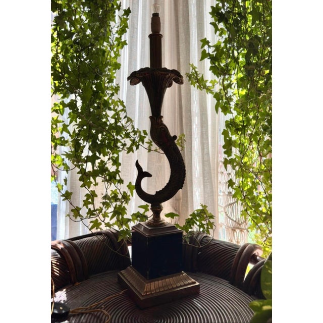 Vintage Table Lamp with Bronze Dolphin on Black Marble Base, 1950 For Sale - Image 12 of 14