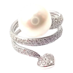 Mikimoto 18k White Gold Diamond South Sea Pearl Heart Ring Cert.