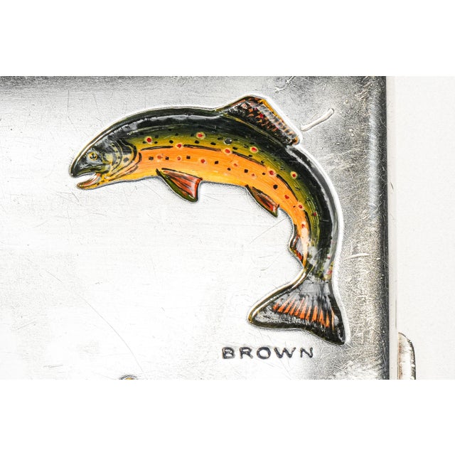 Amazing Antique Sterling Silver Hand Painted Enamel Fishing Fish Trout Cigarette Case Holder Sporting Art Deco Luxury Style For Sale In New York - Image 6 of 18